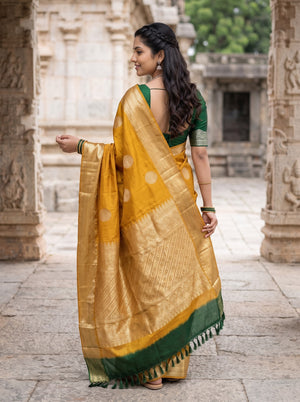 Kanjivaram Pure Silk Mustard Saree with Golden Zari Butta and Temple Border Pallu