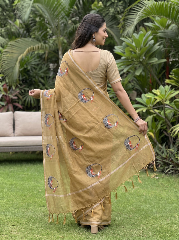 Chanderi Golden Tan Parrot Motif Embroidered Nest Wreath Saree
