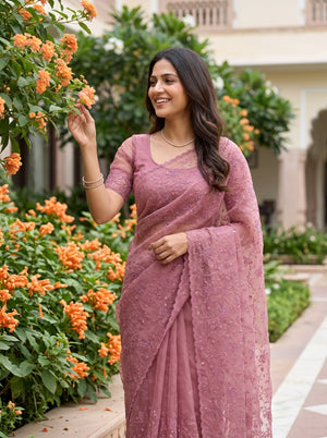 Organza Pink Saree with All-Over Floral Embroidery and Sequins