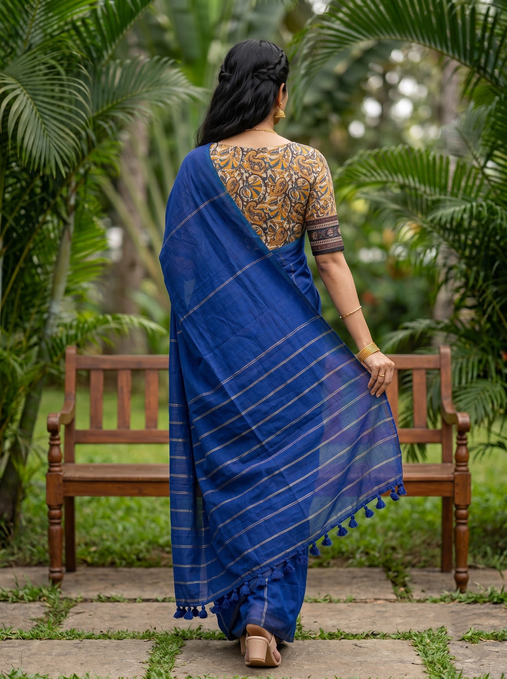 Cotton Royal Blue Saree with Multicolor Pinstripes and Paisley Print