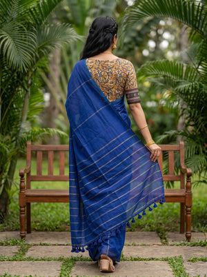 Cotton Royal Blue Saree with Multicolor Pinstripes and Paisley Print