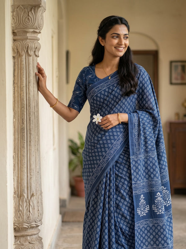 Cotton Navy Blue Saree with White Bagru Block Print