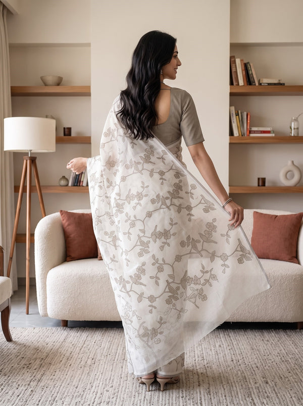 Net Kota Off-White Saree with Allover Bird Motif Design