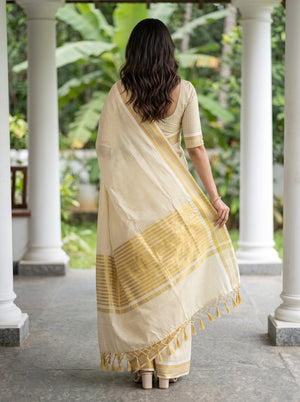 Tissue Cream Checkered Golden Zari Border Kerala Saree with Tassels