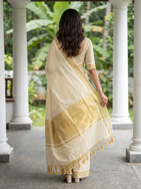 Tissue Cream Checkered Golden Zari Border Kerala Saree with Tassels