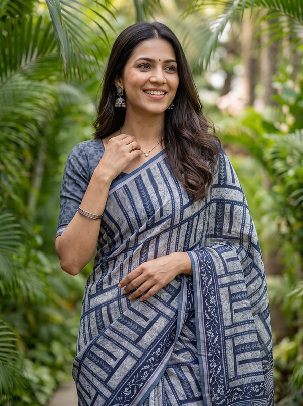 Cotton Linen Indigo Blue Tribal Geometric Print Saree with Tassels