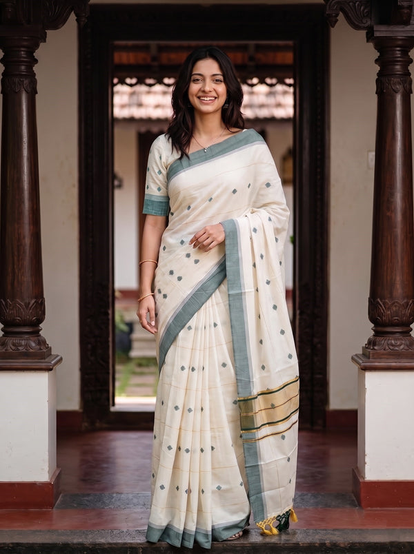 Cotton Cream Green Diamond Booti Onam Kerala Saree