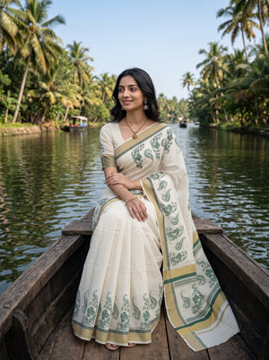 Cotton Cream Green Paisley Print Kerala Saree with Temple Border