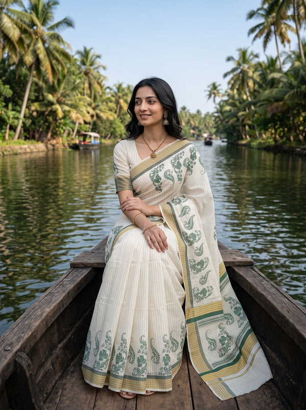 Cotton Cream Green Paisley Print Kerala Saree with Temple Border