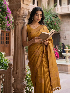 Semi Tussar Mustard Floral Embroidered Diamond Cutwork Butta Saree with Tassel Pallu