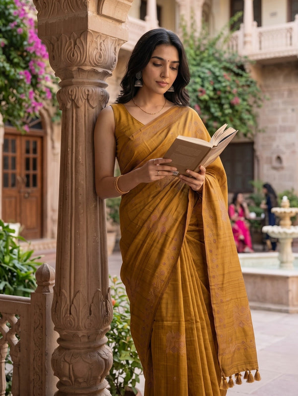 Semi Tussar Mustard Floral Embroidered Diamond Cutwork Butta Saree with Tassel Pallu