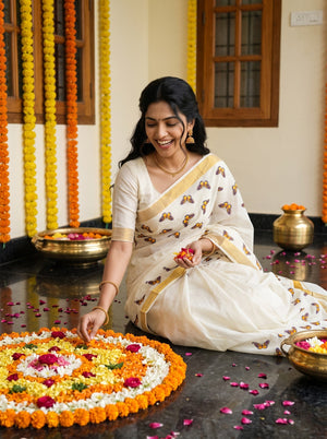 Cotton Off-White Violet Butterfly Print With Golden Border Onam Special Kerala Saree