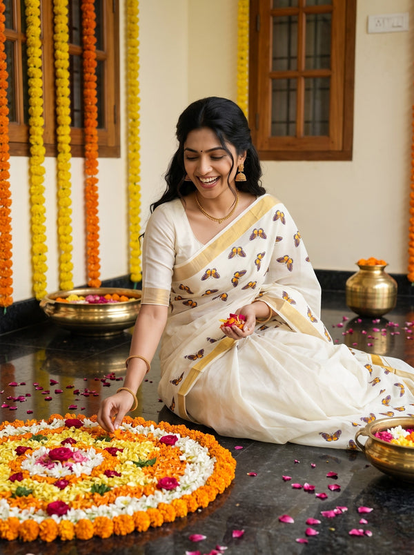 Cotton Off-White Violet Butterfly Print With Golden Border Onam Special Kerala Saree
