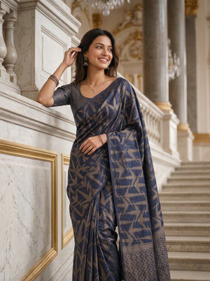 Semi Silk Navy Blue Zigzag Ikat Weave Saree with Tassels