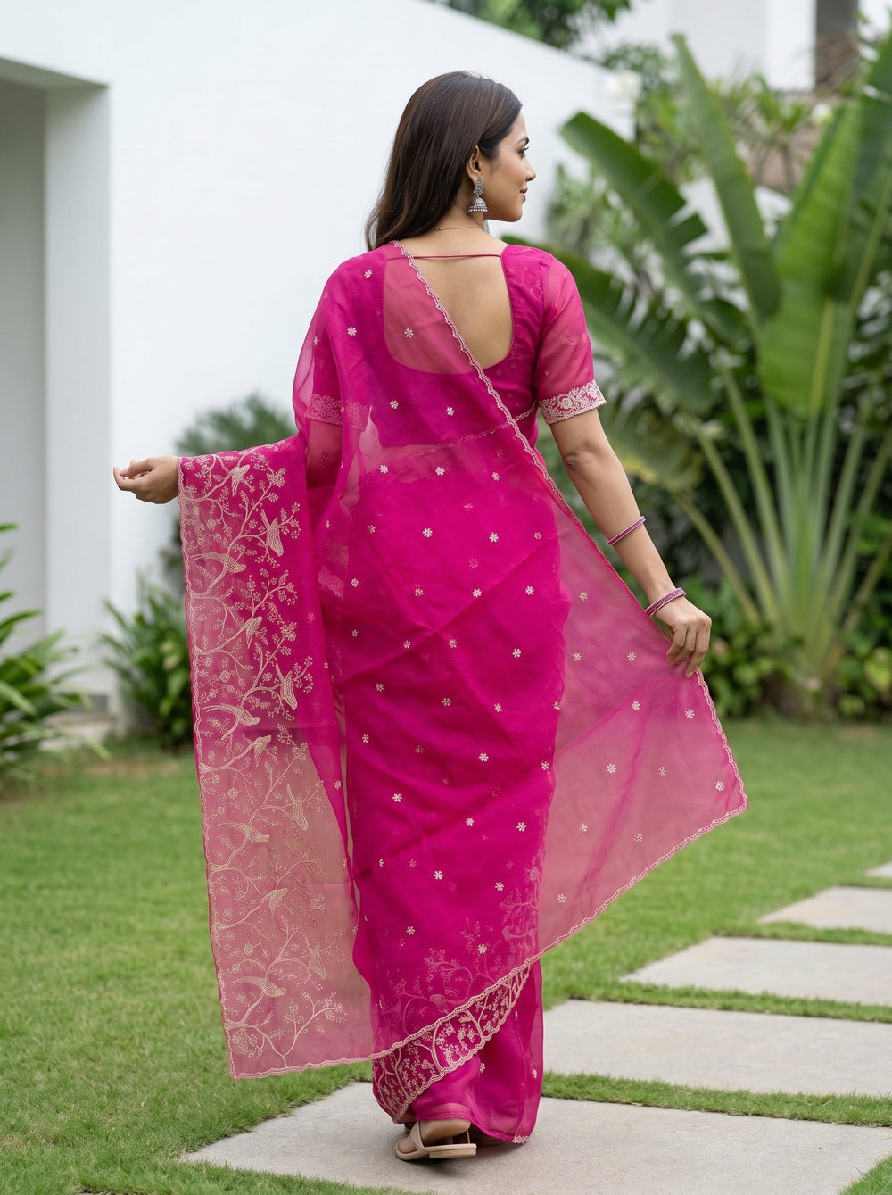 Organza Rani Pink Floral Embroidered Saree