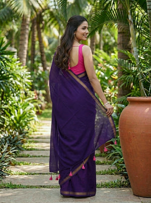 Mul Mul Cotton Deep Violet Purple Plain Saree with Golden Zari Border