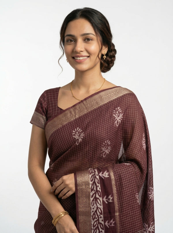 Cotton Silk Wine Maroon Checkered Floral Saree with Golden Vine Border