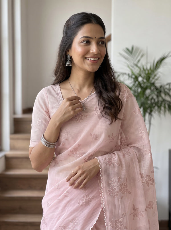 Net Kota Pink Saree with Floral Embroidery and Scalloped Border