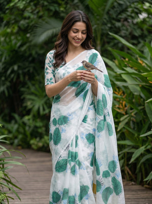 Cotton White Body with Green Tropical Leaf Print Saree