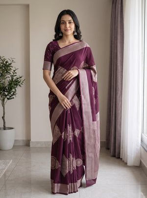 Georgette Wine Rose Gold Geometric Diamond Print Saree with Chevron Border