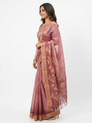 Chanderi Silk Blend Dusty Pink Floral Printed Saree