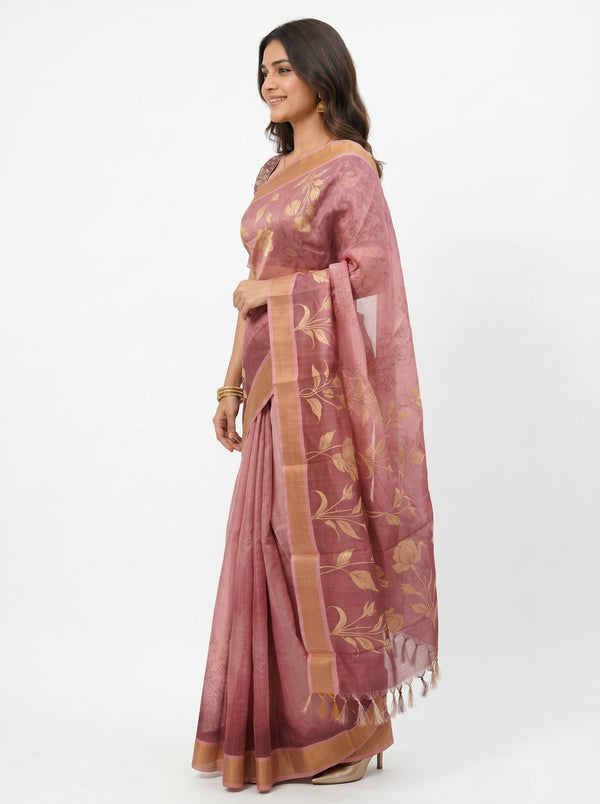 Chanderi Silk Blend Dusty Pink Floral Printed Saree
