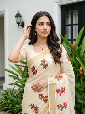 Tissue Cream Kerala Saree with Red Floral Print Pallu, Golden Zari Border