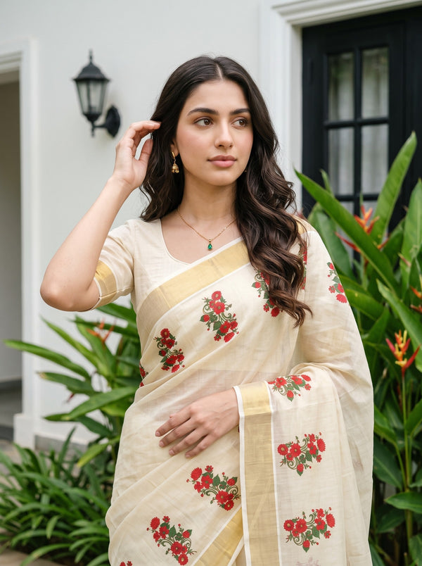 Tissue Cream Kerala Saree with Red Floral Print Pallu, Golden Zari Border