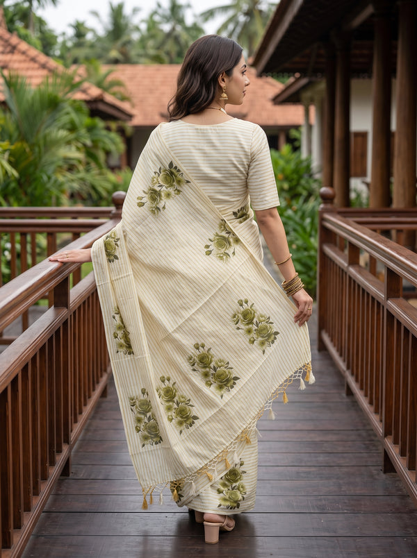 Cotton Cream Green Rose Print Saree with Gold Pinstripe