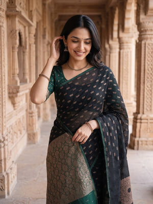 Cotton Silk Black Golden Mandala Bottle Green Brocade Pallu