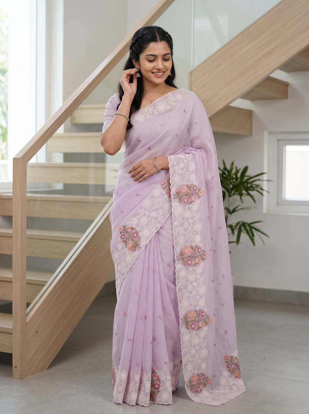 Net Kota Light Purple Floral Bouquet Embroidery Lace Border Saree