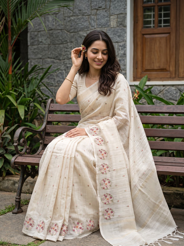 Net Kota Beige Multicolor Floral Bouquet Border Saree