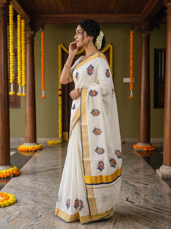 Cotton Cream Peacock Feather Print Golden Border Onam Special Kerala Saree