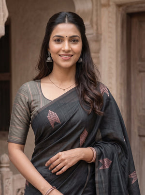 Matka Silk Black Peach Zari Arrow Butta Saree with Tassels
