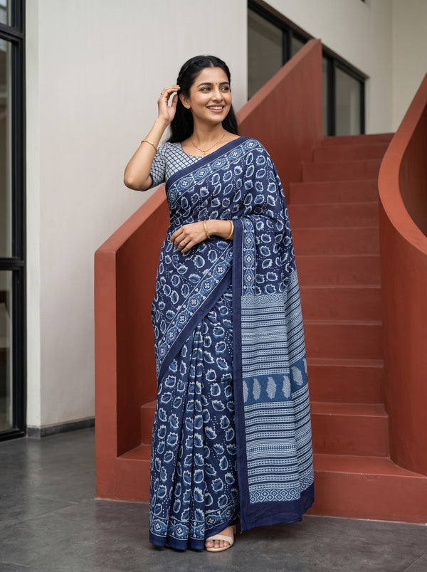 Cotton Navy Blue Saree with Bagru Leaf Block Print