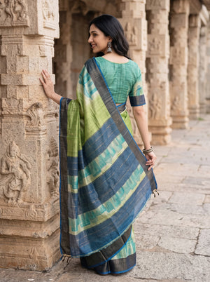 Tussar Silk Green Saree with Painted Village House Pallu