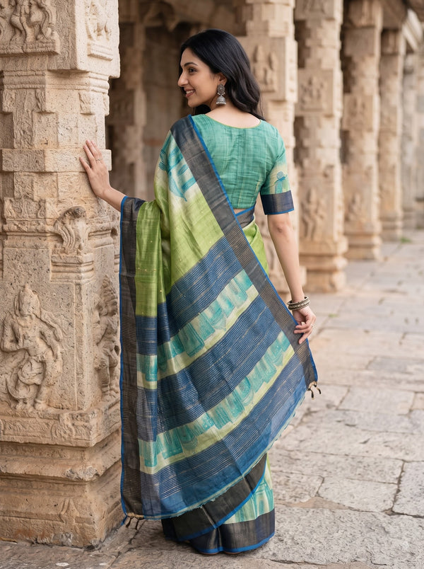 Tussar Silk Green Saree with Painted Village House Pallu