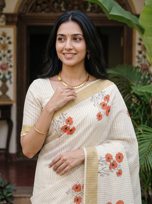 Cotton Cream Orange Cosmos Floral Print Kerala Saree with Golden Zari Border