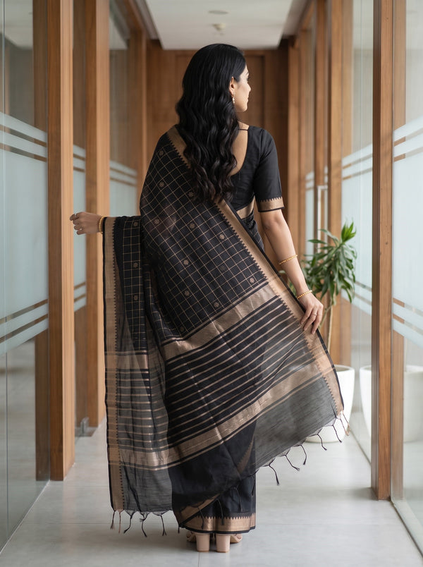 Chanderi Cotton Black Check Weave Saree with Silver Zari Striped Pallu