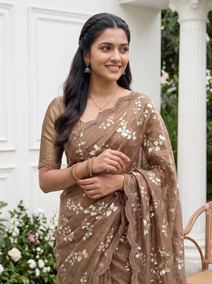 Chiffon Chocolate Brown Floral Leaf Pattern Saree