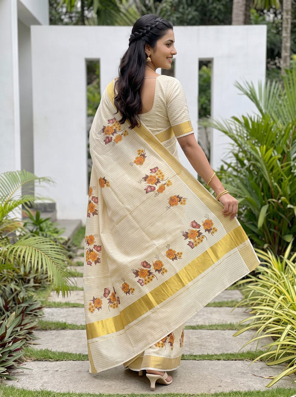 Tissue Cream Orange Floral Print Kerala Saree with Butterfly Motif
