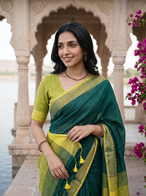 Linen Green Yellow Colorblock Striped Border Saree