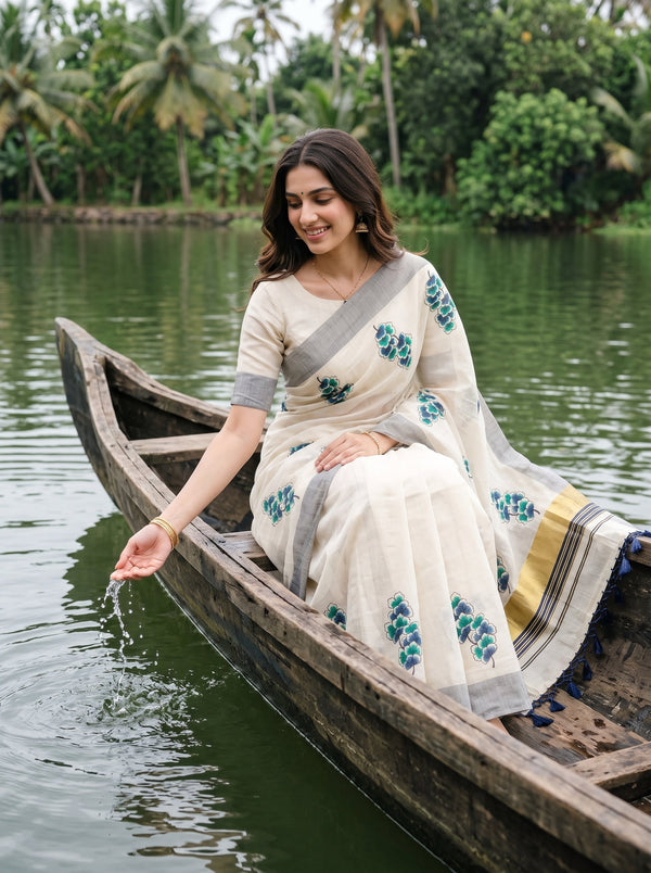 Tissue Cream Kerala Saree with Blue-Green Floral Print Pallu, Golden Zari and Navy Striped Border
