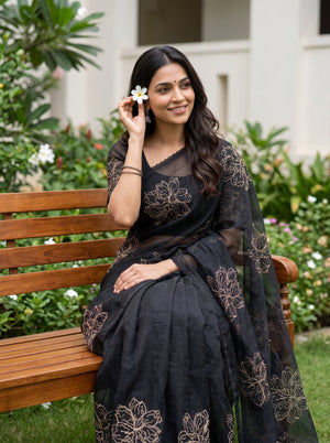 Organza Black Saree with Golden Floral Outline Embroidery