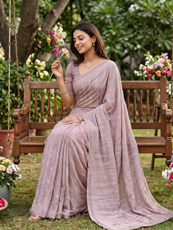 Chiffon Dusty Rose Bamboo Blossom Thread Embroidered Saree
