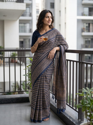 Cotton Navy Blue Saree with Traditional Paisley Motif Print