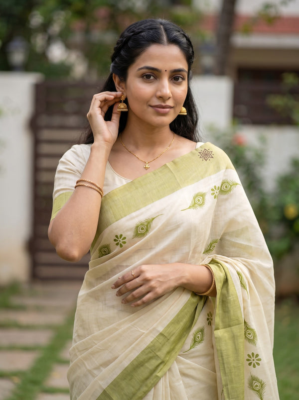 Tissue Cream Green Peacock Feather Print with Border Onam Special Kerala Saree