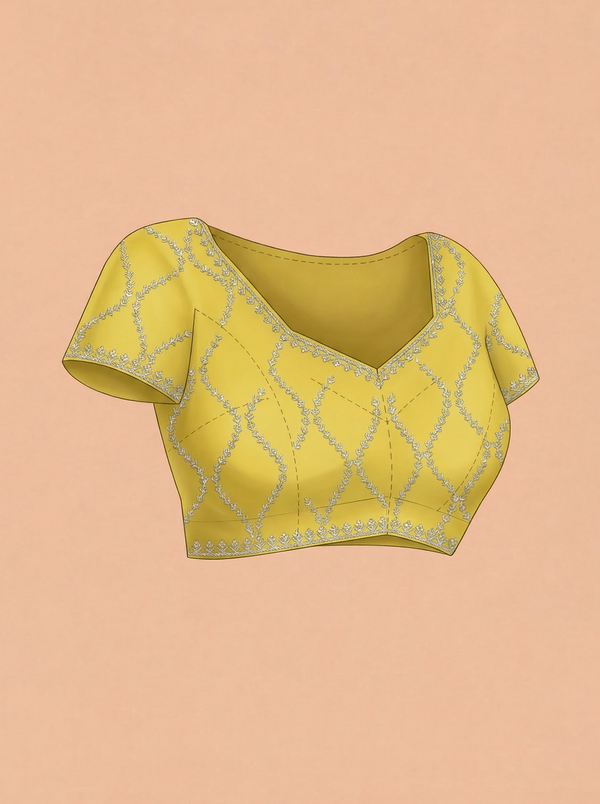 Organza Yellow Zari Embroidered Geometric Jaal Saree with Scalloped Border