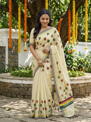 Tissue Cream Multicolor Leaf Print Onam Special Kerala Saree
