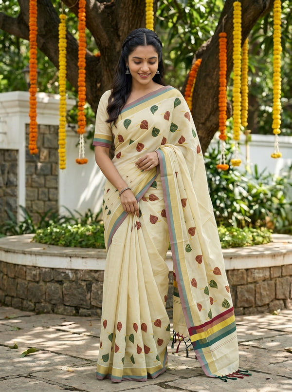 Tissue Cream Multicolor Leaf Print Onam Special Kerala Saree